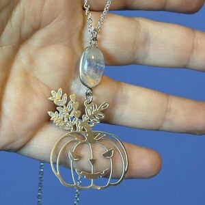 Pumpkin moonstone necklace, Halloween jewelry, cottage witch pumpkin pendant